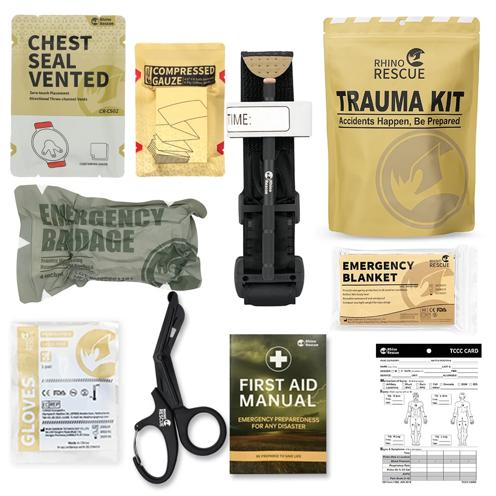 RHINO RESCUE Kit de primeros auxilios para Trauma, Kit de supervivencia para emergencias al aire libre para acampar, senderismo, Kit de recarga IFAK