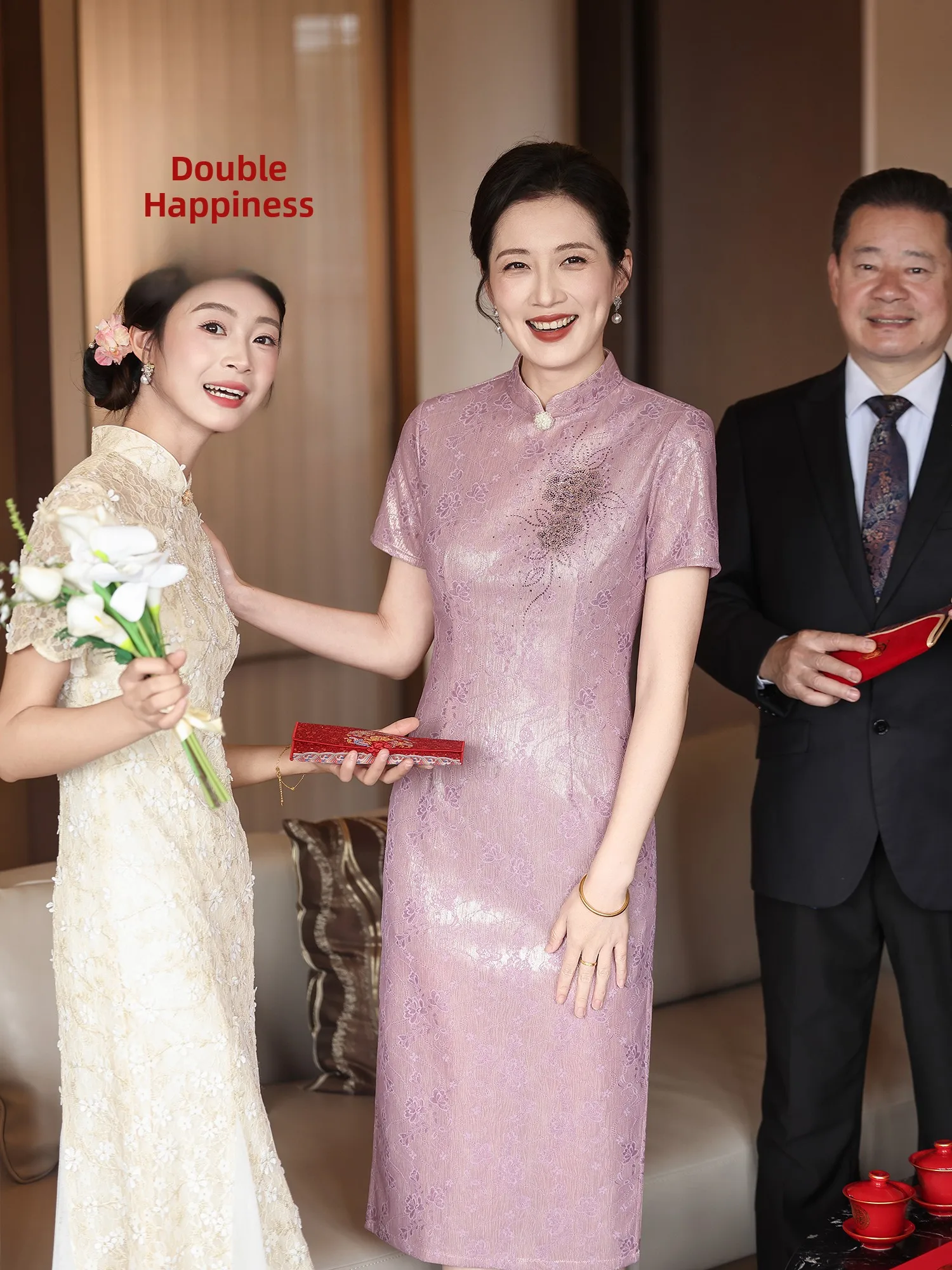 

Elegant Bean Paste Pink Wedding Dress Young And with Embellished Diamonds Suitable for Mother of the Bride