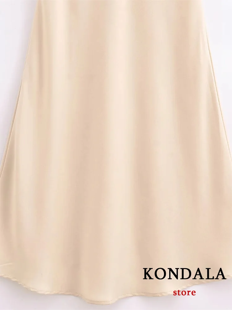 KONDALA Vintage Sexy Chic Women Dress Fold Solid Sleeveless V Neck Satin Long Straight Vestidos Fashion 2024 Party Dress