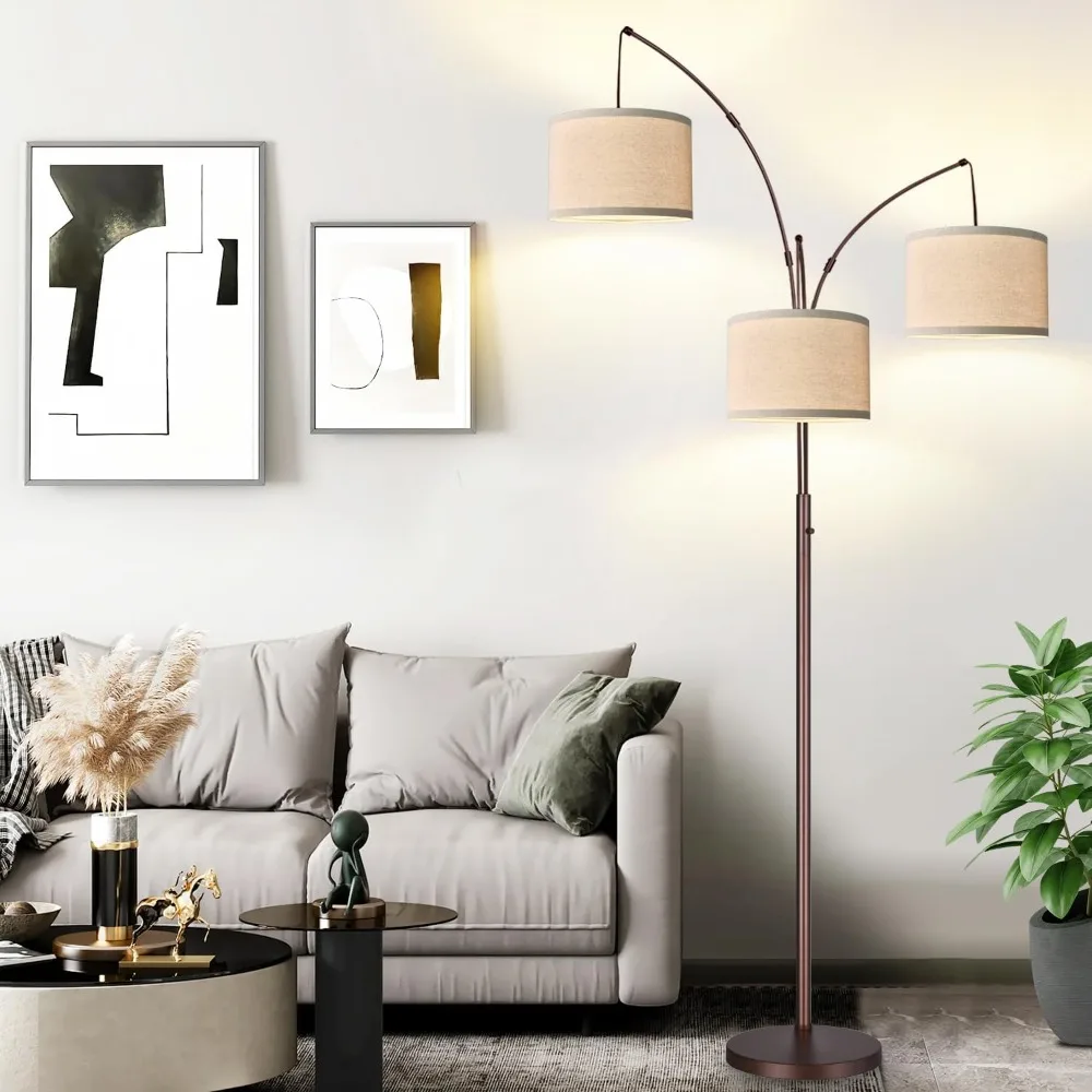 Dimmable Floor Lamp - 3 Lights Arc Floor Lamps for Living Room, 1000LM Modern Tall Standing Lamp With Beige Shades