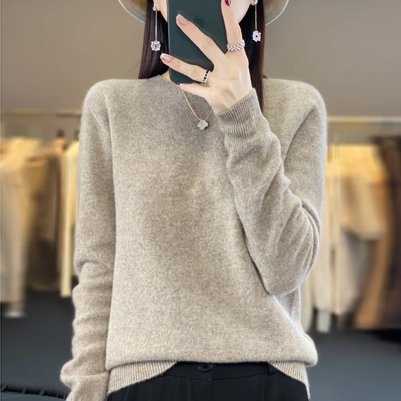 Autumn and Winter New Merino 100% Wool Solid Color Warm Female O-Neck Knitted Long Sleeve Solid Color Pullover