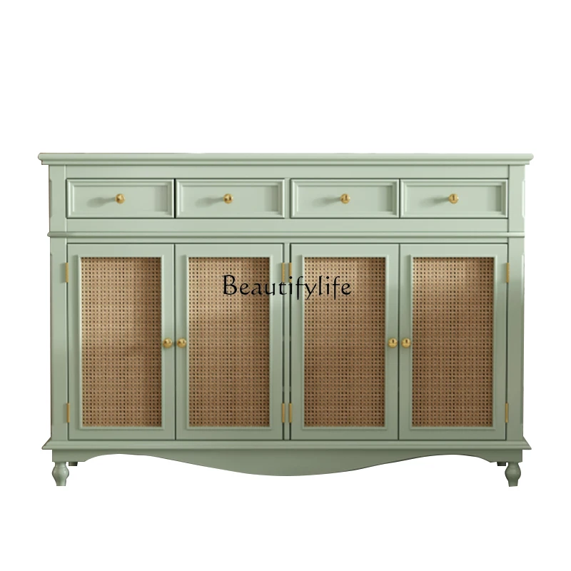 

American Rattan Hallway Shoe Cabinet Light Luxury Japanese Storage Cabinet Drawer Solid Wood Breathable Small Apartment