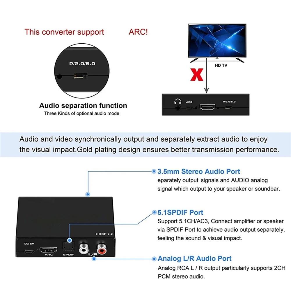 HDMI-Compatible Audio Extractor 5.1ch Stereo Extractor Switch Converter with R/L SPDIF ARC Switcher Adapter for PS4 TV Laptop