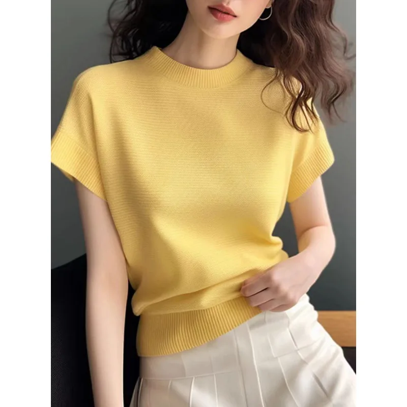 Jersey amarillo holgado con estilo para ir al trabajo y Material de seda de hielo transpirable, colección de verano para mujer