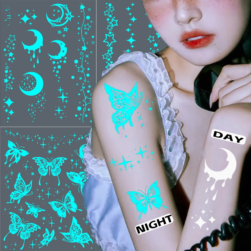 Luminous Waterproof Temporary Tattoo Sticker Butterfly Star Moon Glow Flash Tattoo Women Men Arm Disposable Transfer Fake Tattoo