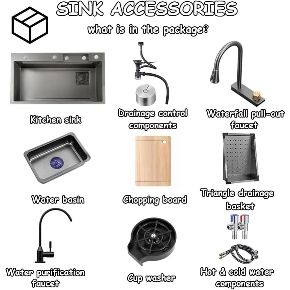 Kitchen sink with pull-out faucet, rotary control workstation, sink cup cleaner, drainage basket, and accessories