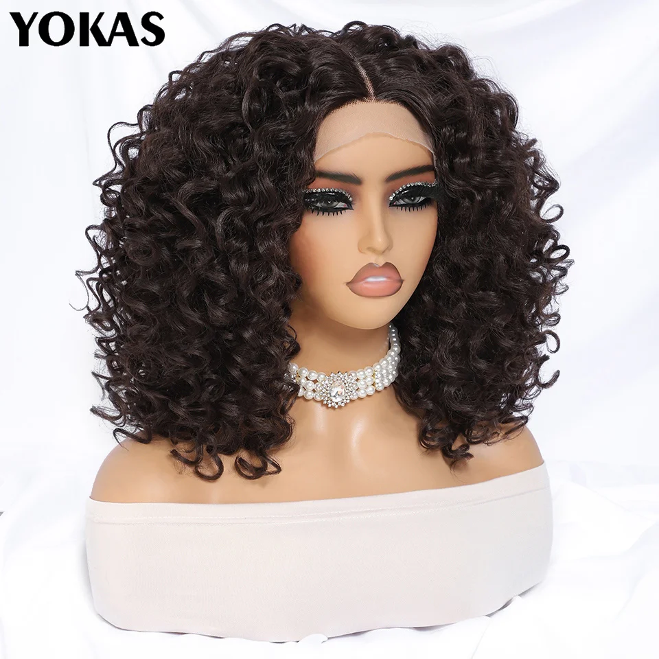 16 Inch Synthetic Lace Front Wigs For African Women Afro Curl Chocolate Brown Lace Front Wigs for Afro Female 13x4x1 T Part Lace