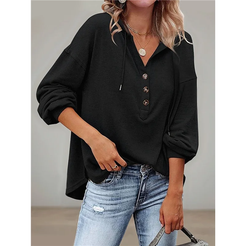 ABRT - Damska bluza rozpinana z kapturem, bluzy zapinane na guziki, topy ze sznurkiem, dekolt w serek, koszulki Henley z długim rękawem