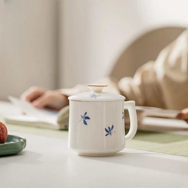 White Porcelain Hand-painted Orchid Ceramic Office Cup with Lid Small Fresh Household Tea Cup Mug