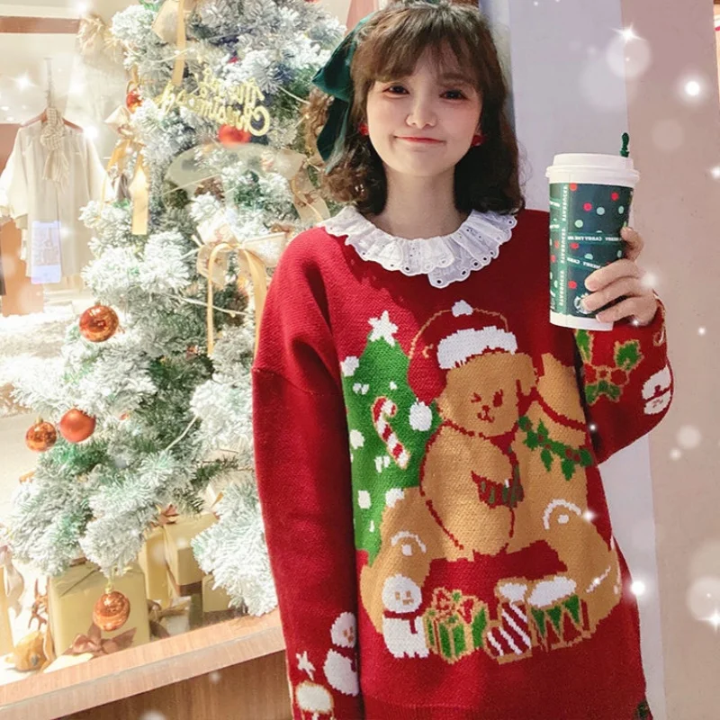 Christmas Trojan Bear Cute Jacquard Sweater Lovely Young Lady Winter Jumper Top High Quality Long Sleeve Pullover Kawaii Clothes