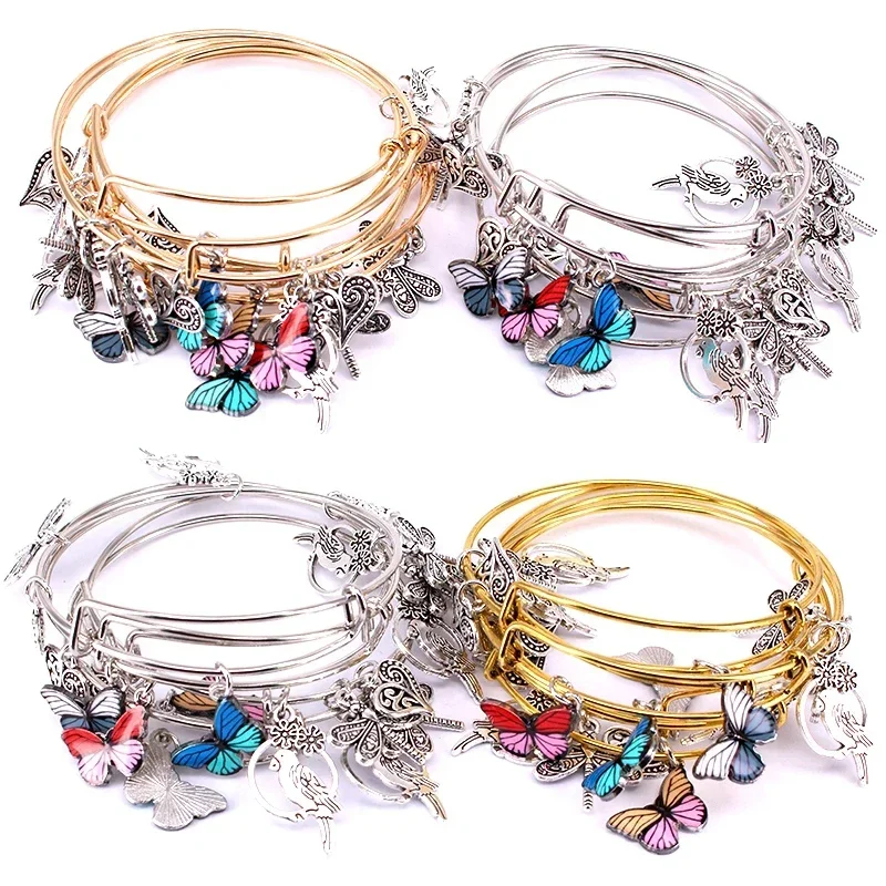 5pcs Bangle Set Wire Bracelets for Women Girls Jewelry Butterfly Parrot Dragonfly Love Heart Charms Bangles Cuff Jewlery C047