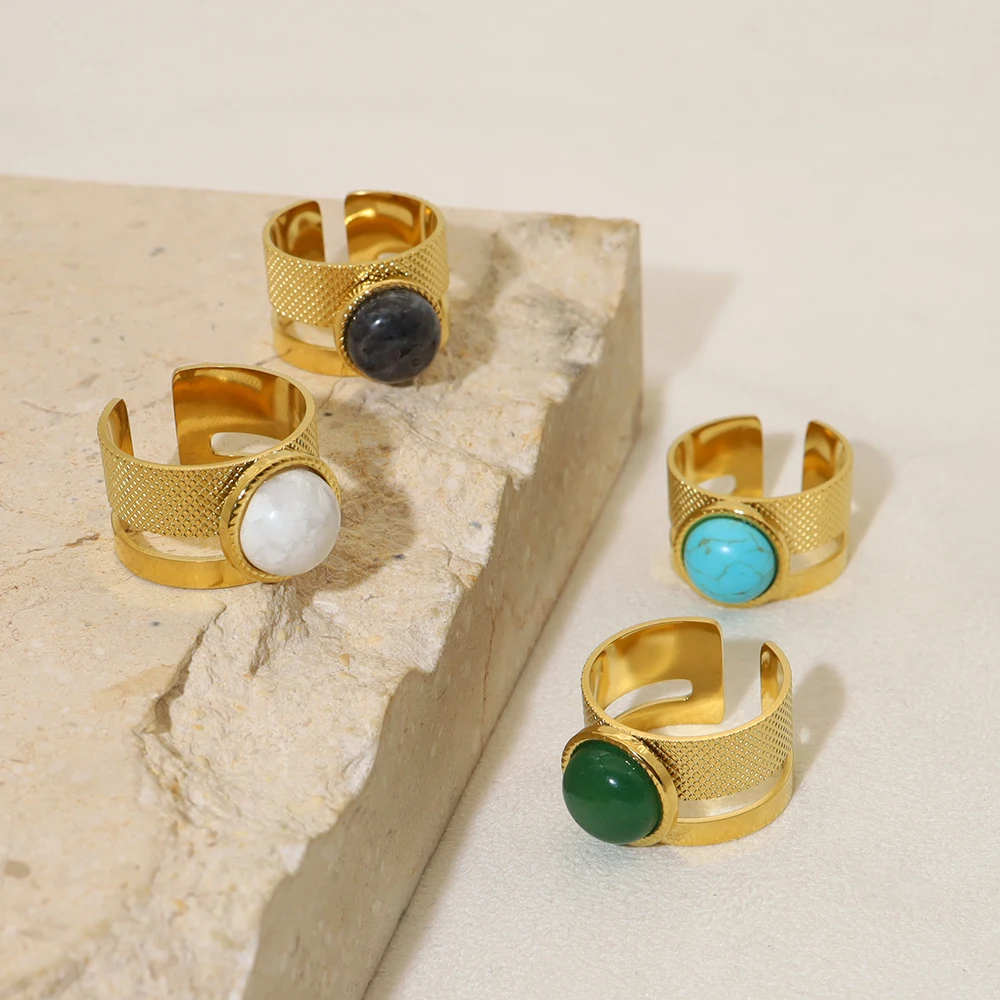 WILD & FREE 18K مطلية بالذهب الفولاذ المقاوم للصدأ خواتم واسعة للنساء الحجر الطبيعي الفيروز الاتجاه المجوهرات الجمالية #3