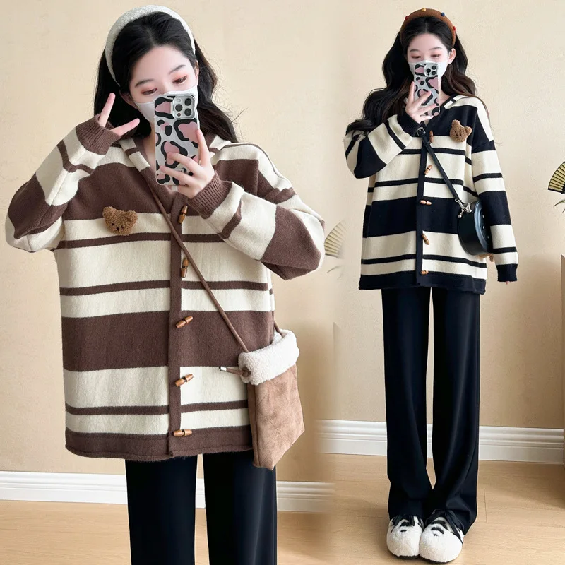 2026 New Autumn Maternity 2 Piece Set Long Sleeve Striped Cardigan & Tummy Concealing Top Plus Size Pregnancy Outfit Daily Wear