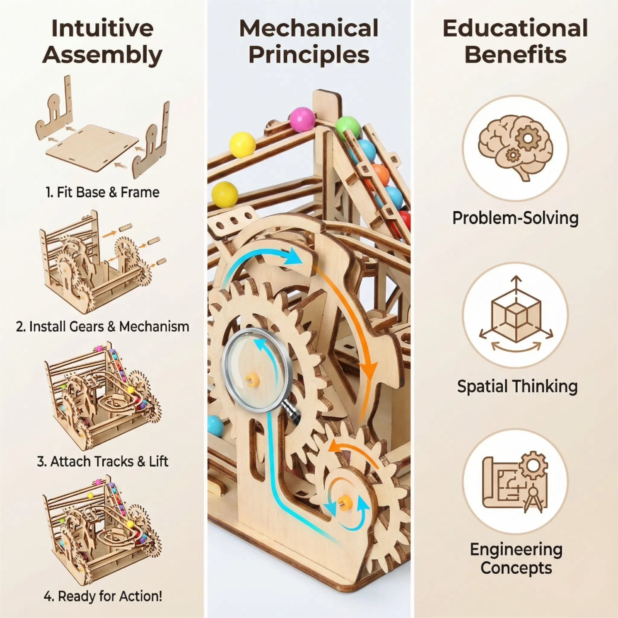 Track ball wooden jigsaw puzzle 3d model, handcrafted scientific experiment small make, assembly, educational toy gift