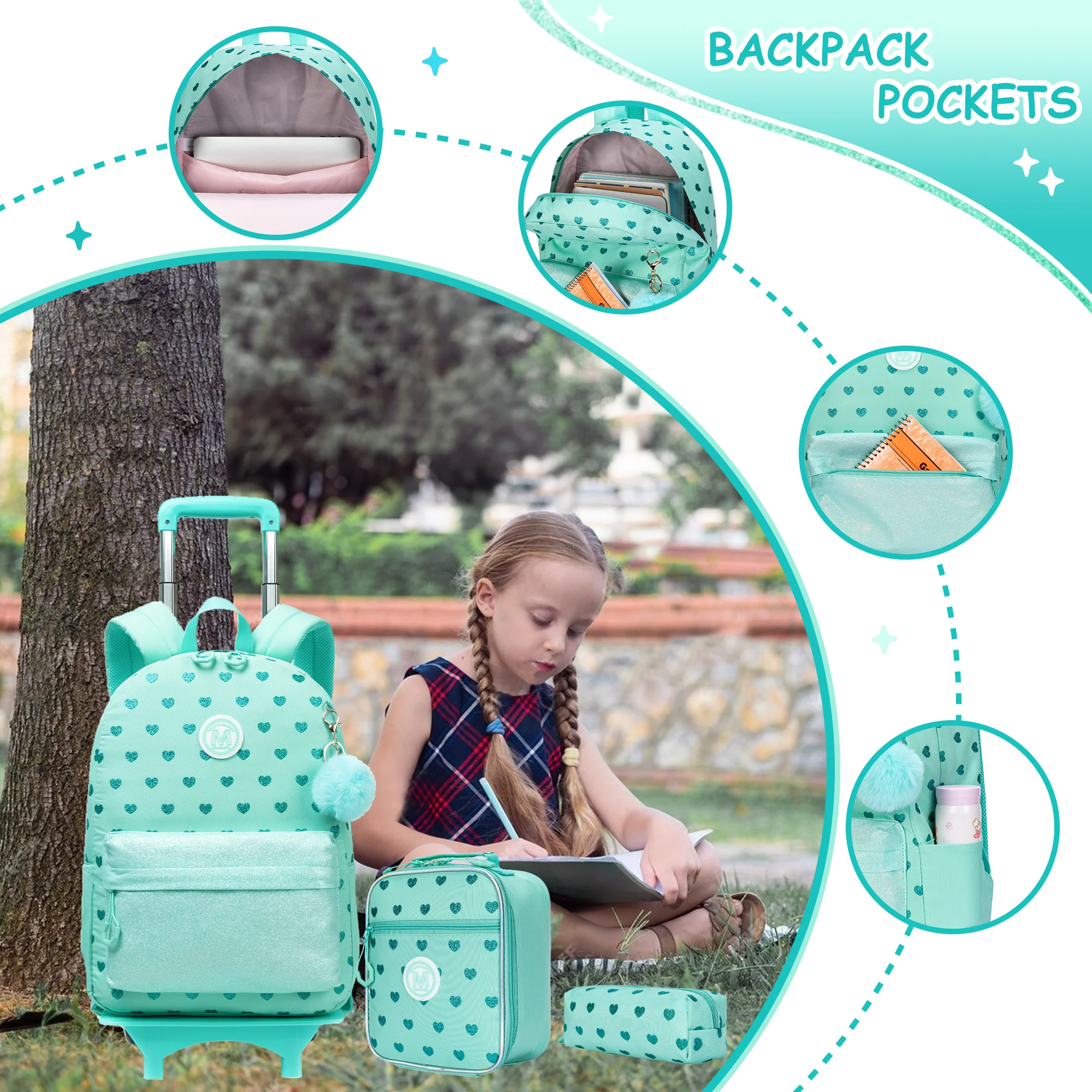 Cute Love Rolling Backpack for Girls, Ribbon Bow, Trolley, mochila da escola primária, lancheira, caneta B, 3Pcs