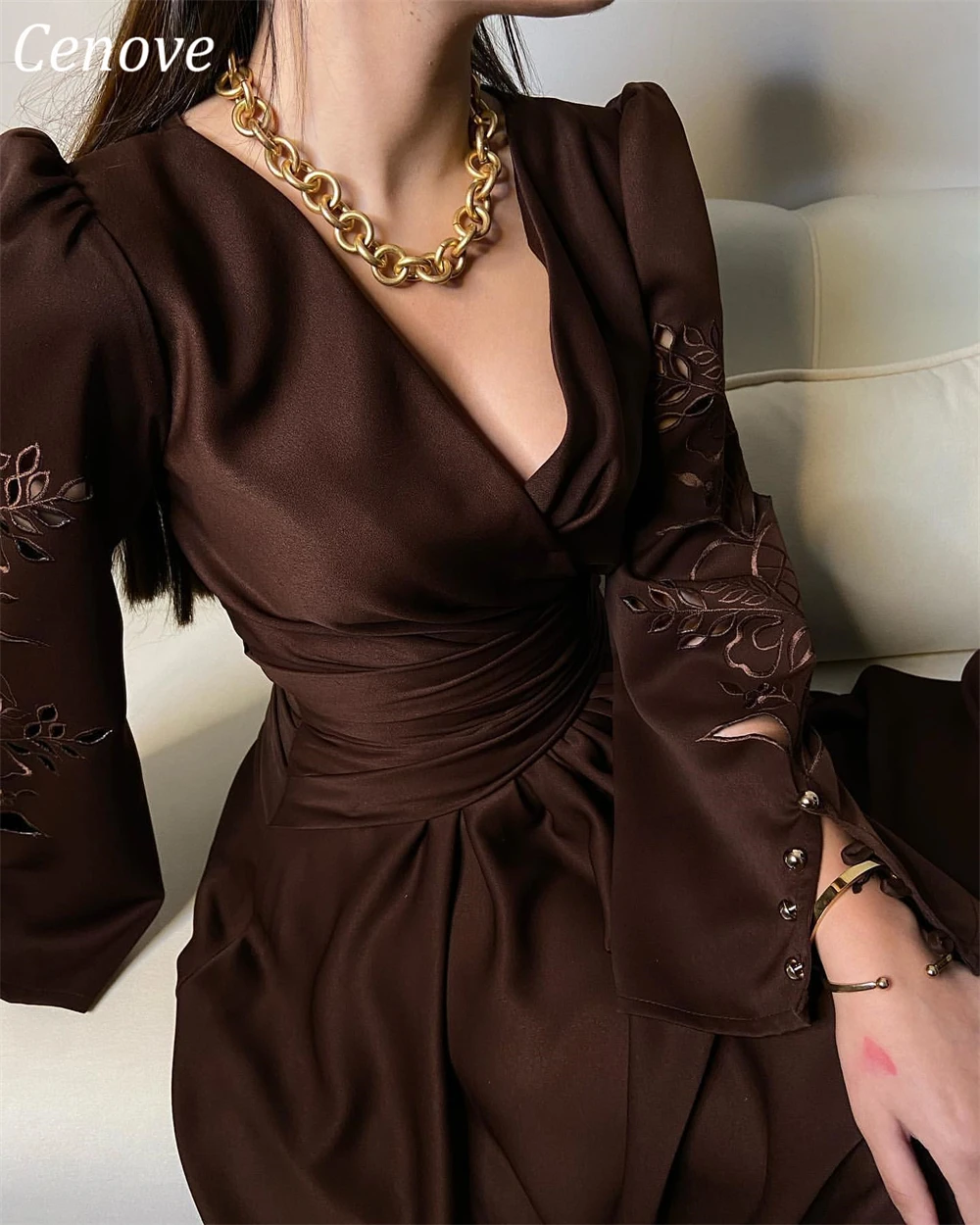 Cenove Long Sleeves A-Line Evening Gown Formal Princess V-Neck Embroidery Prom Russet Brown New Party Dresses for Women 2023