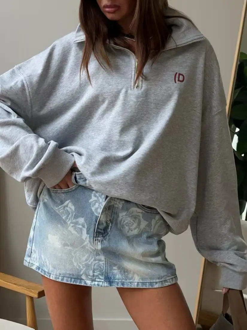 พิมพ์หลวมและอเนกประสงค์สาวร้อนขี้เกียจยุโรปและสไตล์อเมริกันฤดูใบไม้ร่วงและฤดูหนาวLapelครึ่งซิปอินเทรนด์Hoodie Harajuku