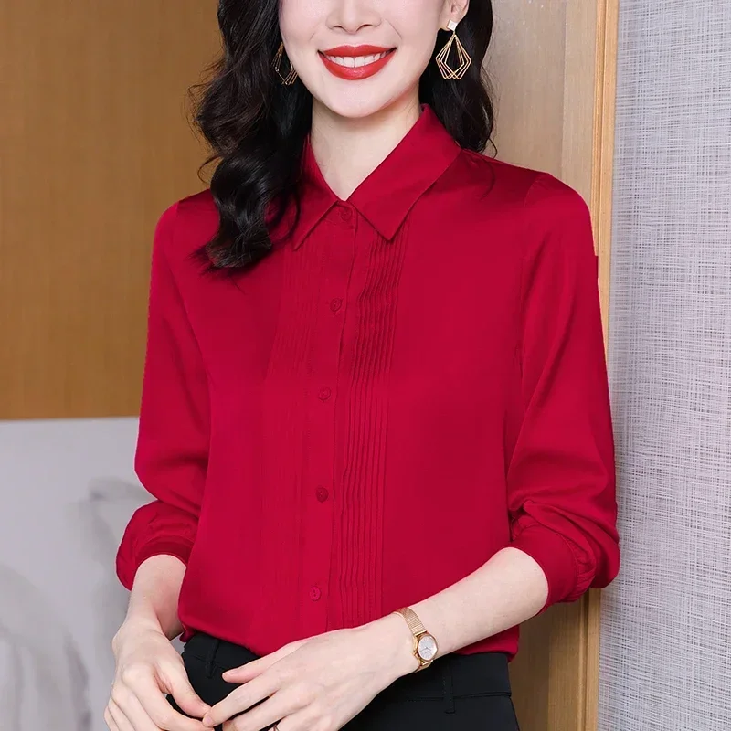 

Real Silk Women's Shirt 2024 Spring Summer Office Lady Buttons Shirts Long Sleeve Elegant Blouses Woman Solid Blouse Loose Tops