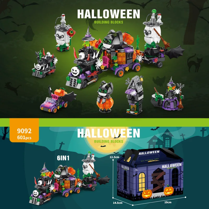 6-in-1 Halloween Building Blocks Set Creative MOC DIY Haunted House Pumpkin Lantern Candy Train Kids Gift Educational Toy