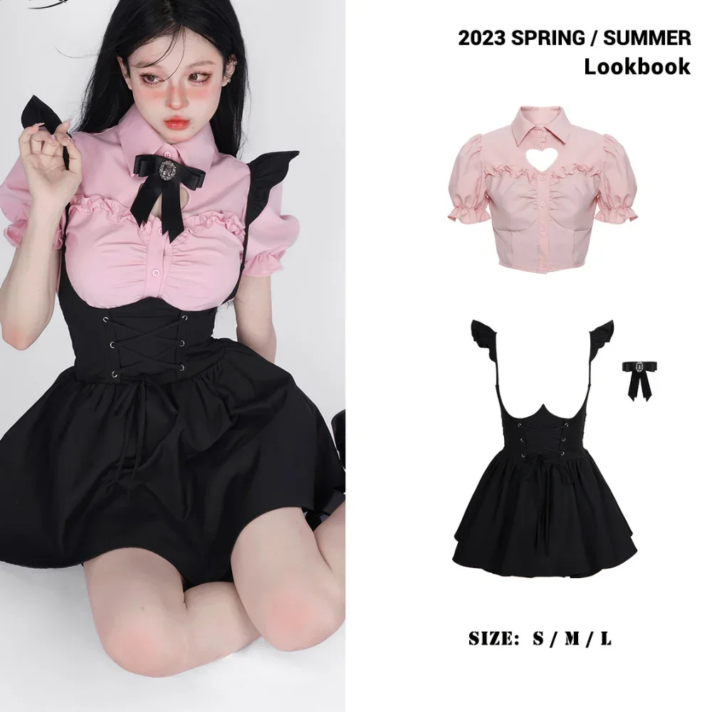 Summer Cute Girl Kawaii Two-piece Women Korean Stlye Elegant Pink Puffed Sleeves Heart Hollow Shirt + Black Suspender Mini Skirt