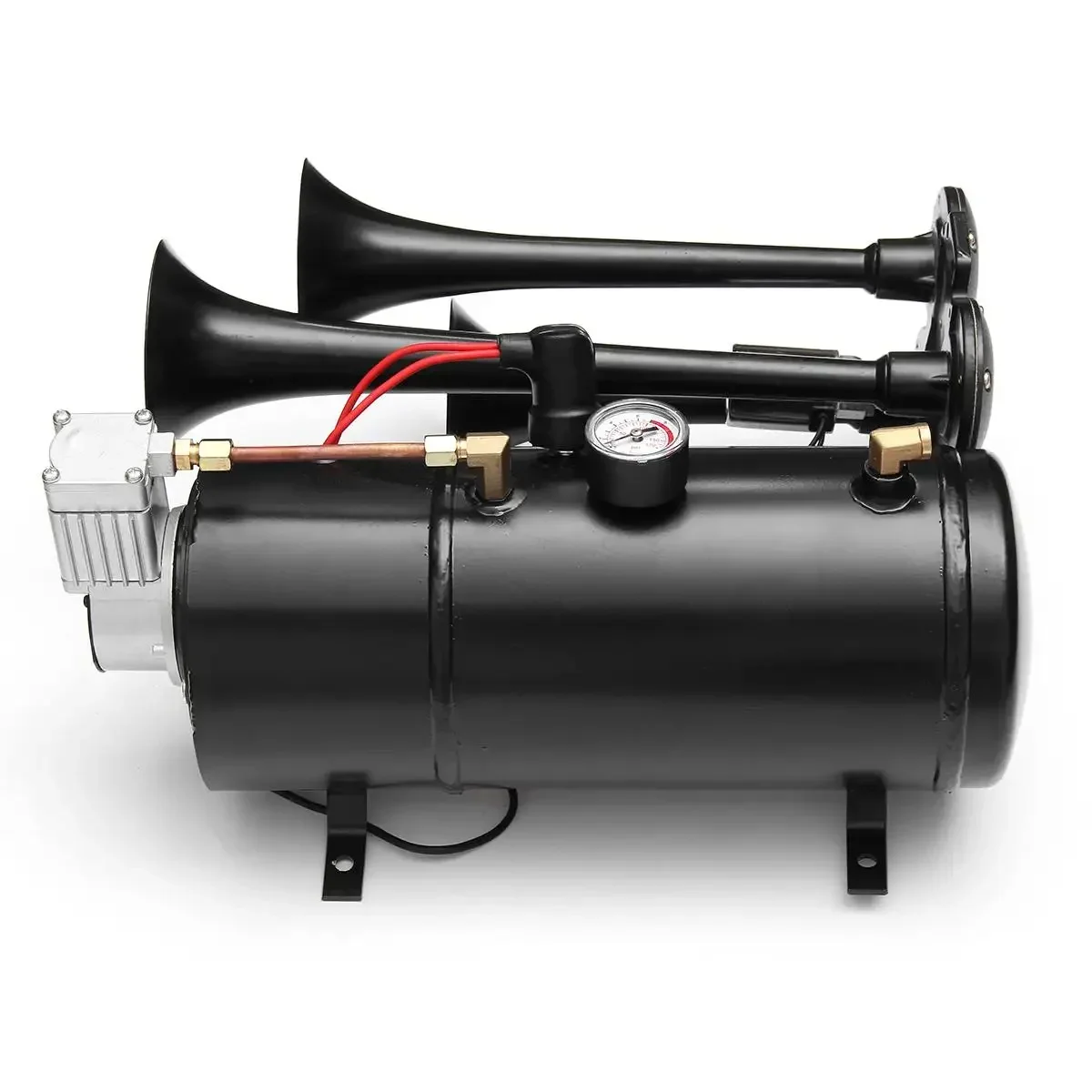 12V Truck Train Quad 4 Trumpet Air Horn Kit Black 170 PSI 3Liters Compressor & House 150db