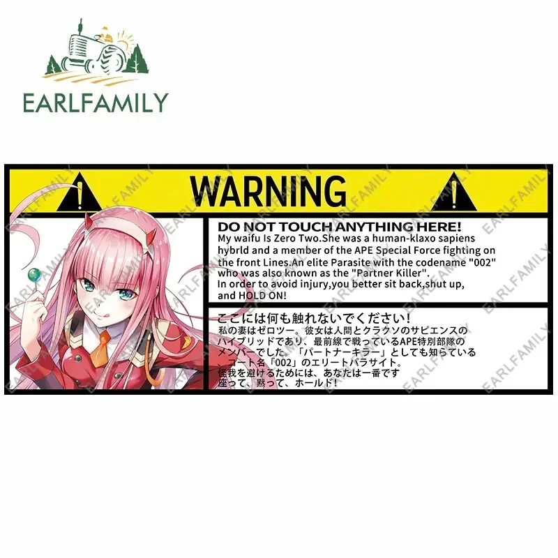 EARLFAMILY Car Sticker for Creative Zero Two Warning Slap Stickers Anime Vinyl JDM Window Caravan Racing Decal Car Accessories