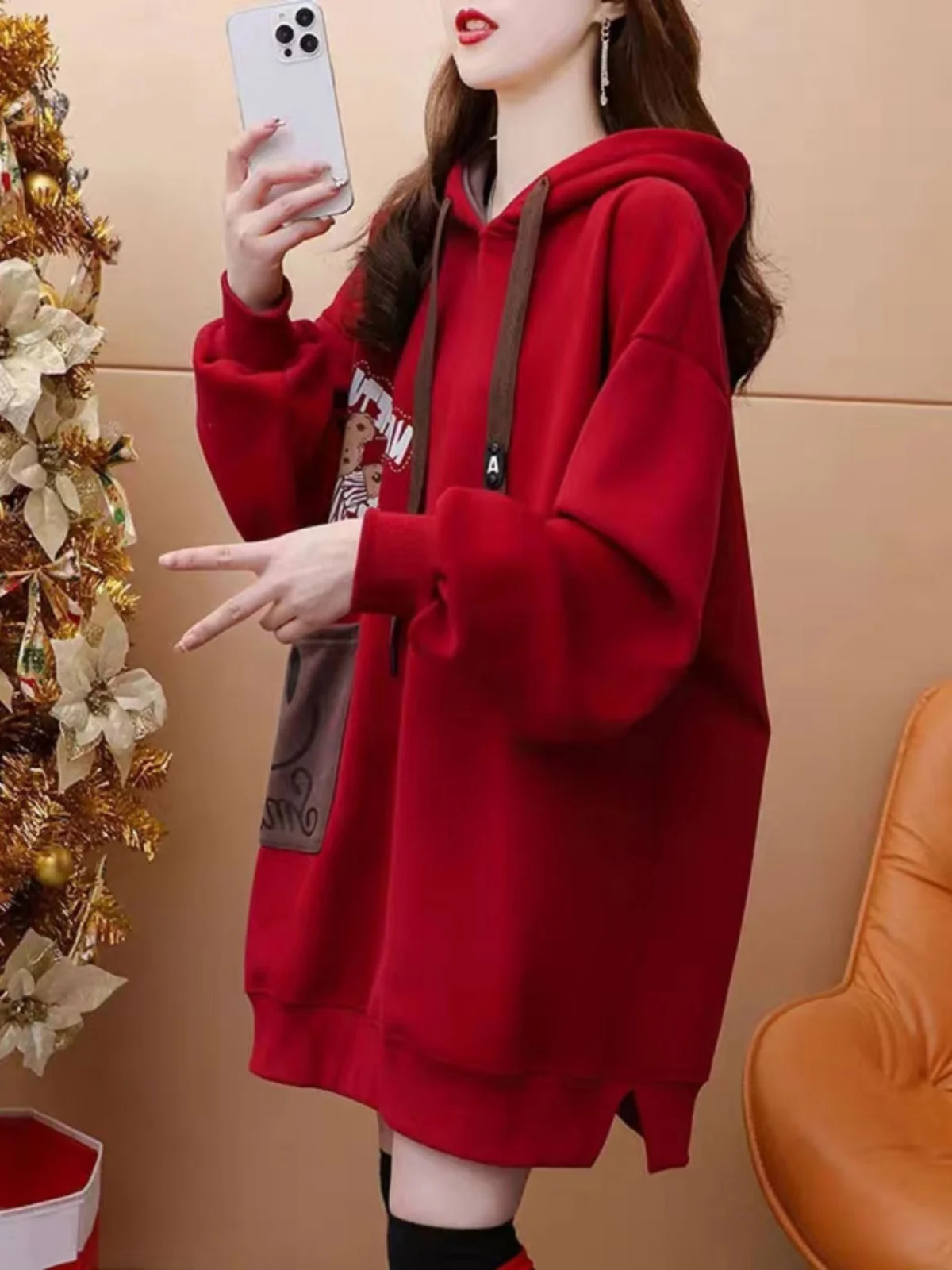 

Spring Awakening Hooded Sweatirt Women's Thin New 2025 Mid-Length Red Outerwear Spring Awakening Chinese Zodiac Snake Year