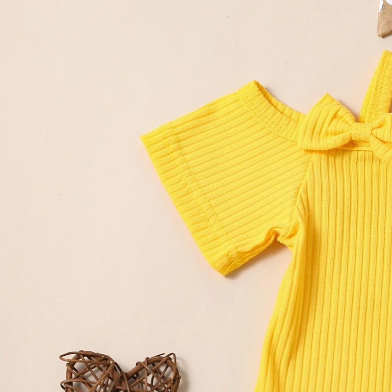 Baby Girl Summer Outfits Solid Color Ribbed Knit Off Shoulder Rompers Flower Print Flare Pants Headband 3Pcs Clothes Set