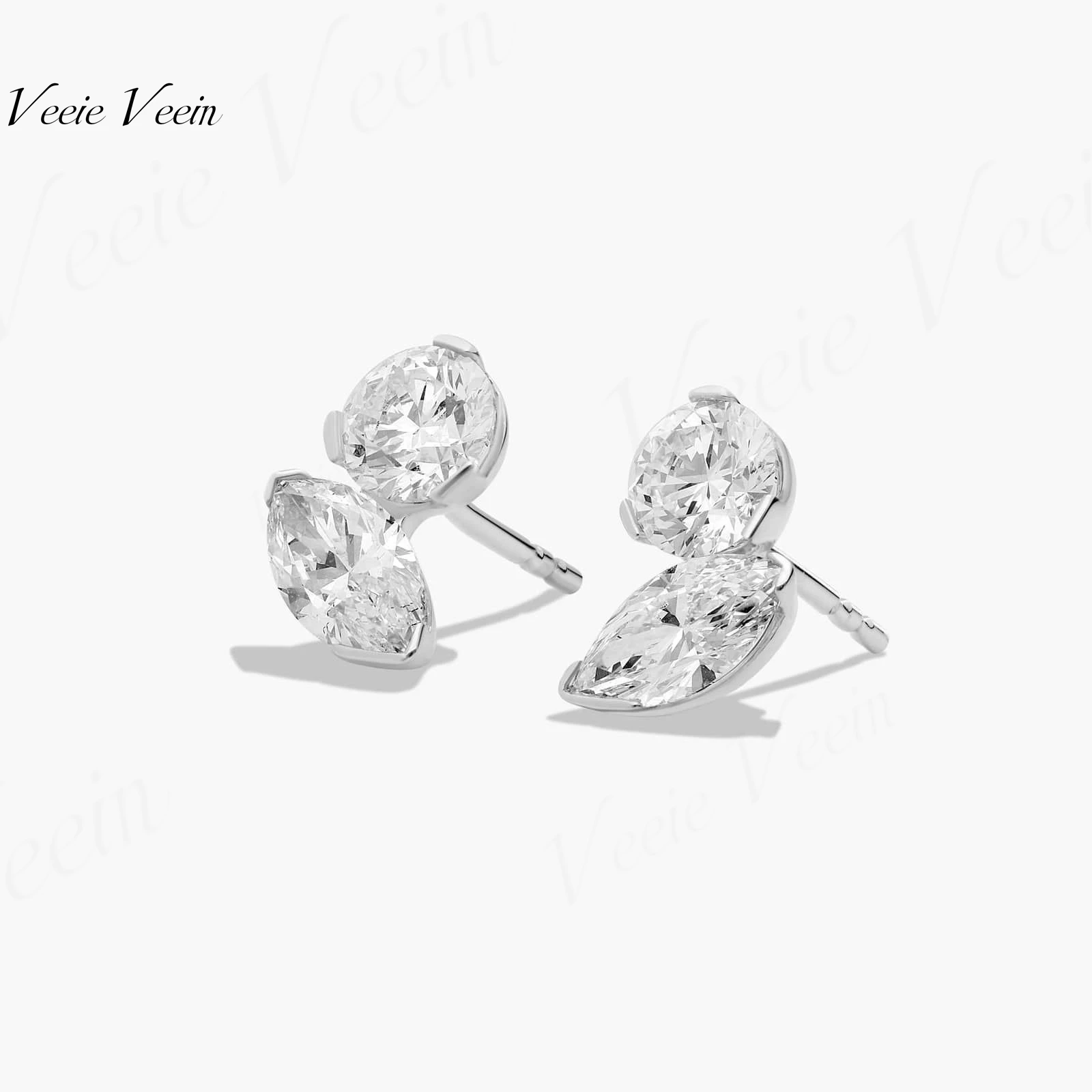 Veeie Veein Jewelry1 Carat Dual Main Stone Stud Earrings S925 Sterling Silver Round & Marquise Cut Moissanite Earrings For Women