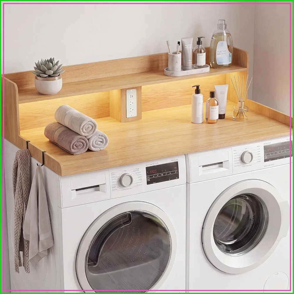 2-Tier Washer Dryer Countertop with Outlet & LED Lights, 27x54 Laundry Topper, Natural