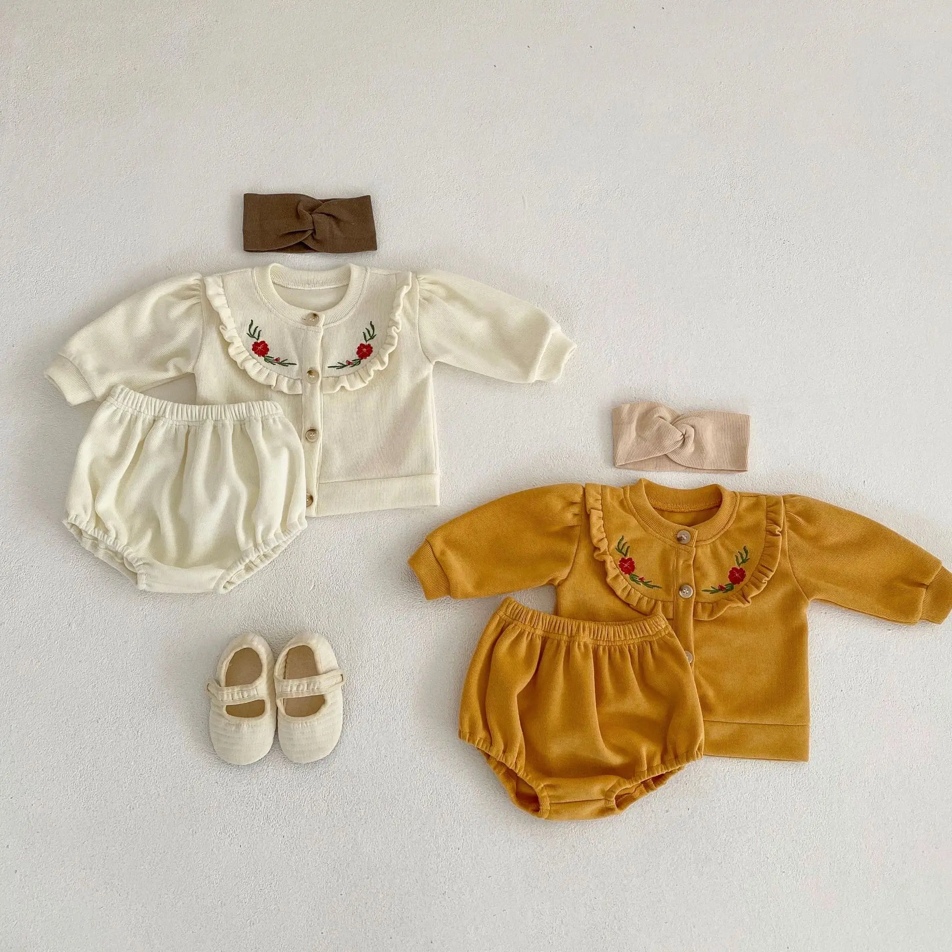 2023 Autumn New In Infant Toddler Girls Embroidered Flower Top Coat Cardigan with Solid Color Shorts Clothes White Yellow Set