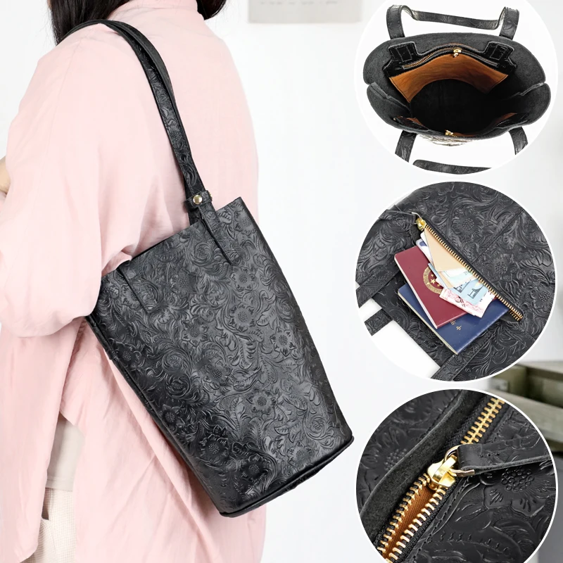 

2025 First Layer Leather Female Bag Vintage Casual Bucket Bag Hand Bag Shoulder Bags Cowhide Weekend Trip Bag