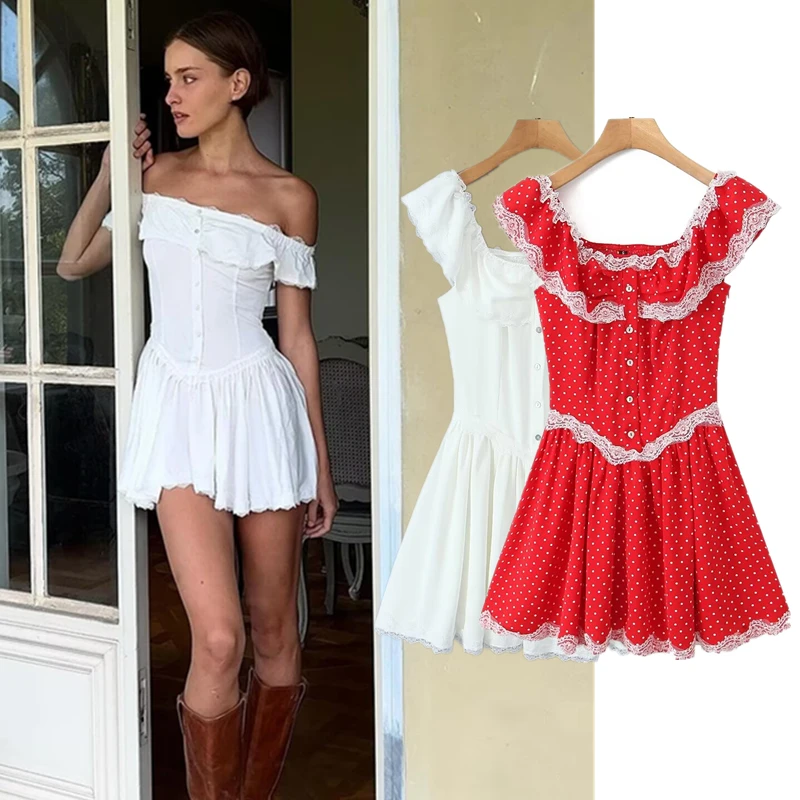 

Dave&DiIns Fashion Blogger French Retro Slash Neck Sexy Slim Fit Mini Dress Women Lace Elegant Summer White Dress