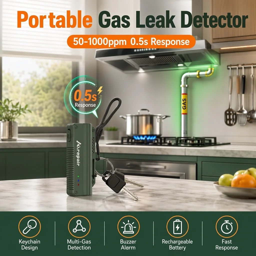Portable Combustible Gas Detector, 50-1000ppm LPG Methane Leak Alarm, Mini Keychain Gas Detector with Built-in Lithium Battery