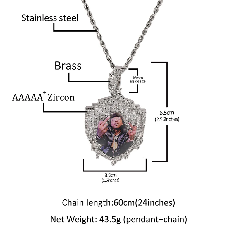 Moon Shield Shape Custom Photo Pendants Necklace for Men 5A+ CZ Stone Bling Iced Out Hip Hop Rapper Jewelry Gold Silver Color