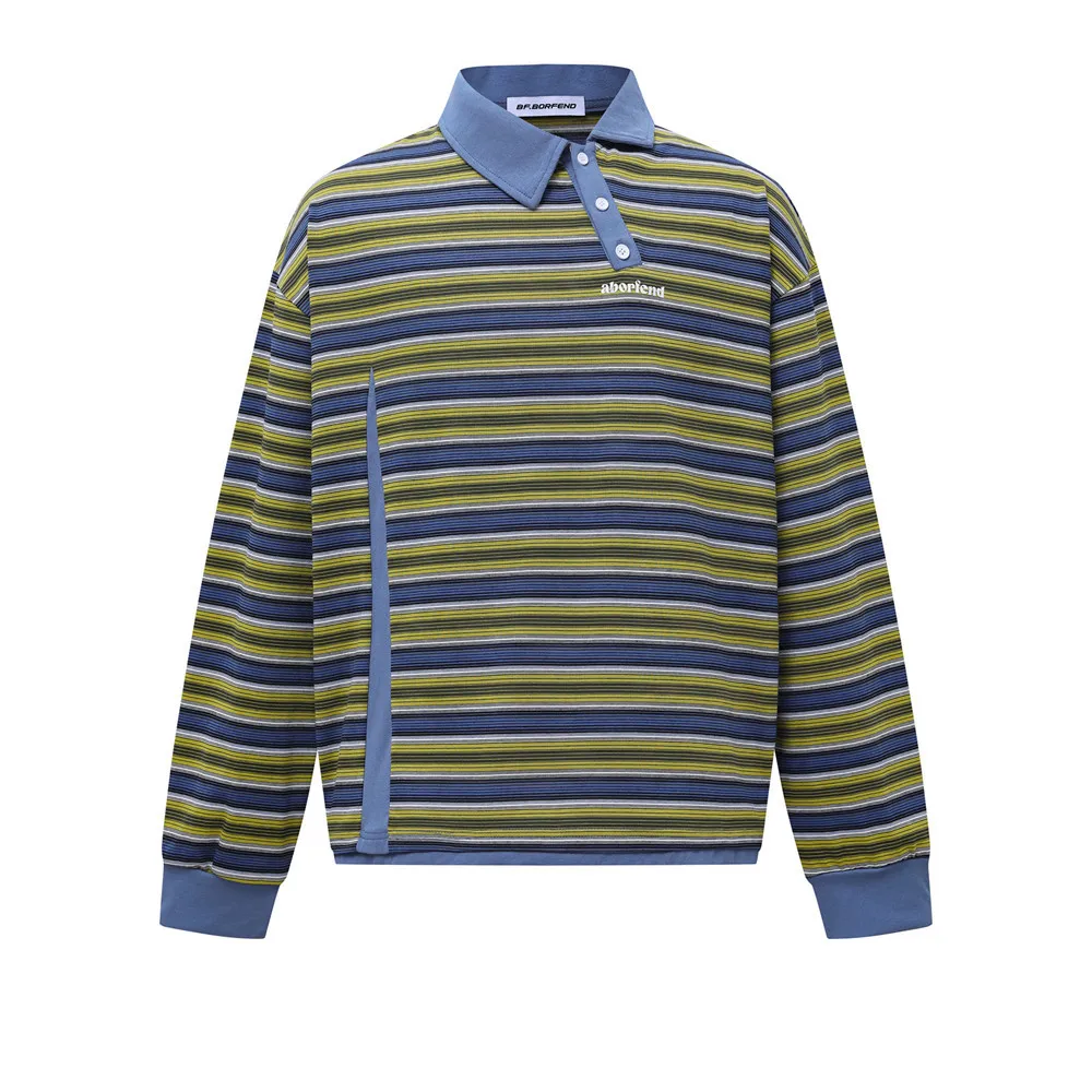 تي شيرت بولو بأكمام طويلة وياقة غير منتظمة للرجال مع نمط ملابس الشارع الأمريكي لربيع/خريف #1