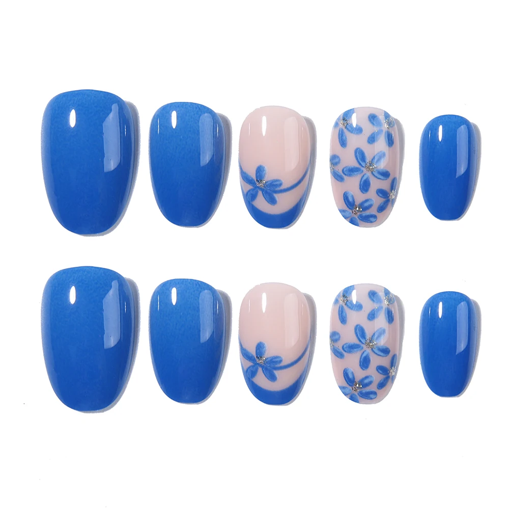 قم بتحويل أظافرك مع، 24 قطعة من الزهور الزرقاء البيضاوية القصيرة مع تصميم لامع، اضغط على مجموعة أظافر، لون حلوى معكرون مناسب تمامًا أ #5
