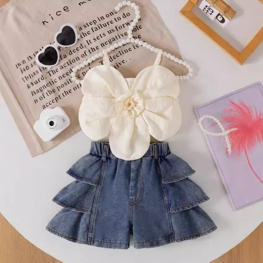 Somenie Kids Floral Suspender Top Denim Shorts Two Piece Set Elegant Cake Lace High End Cotton Children Outfit