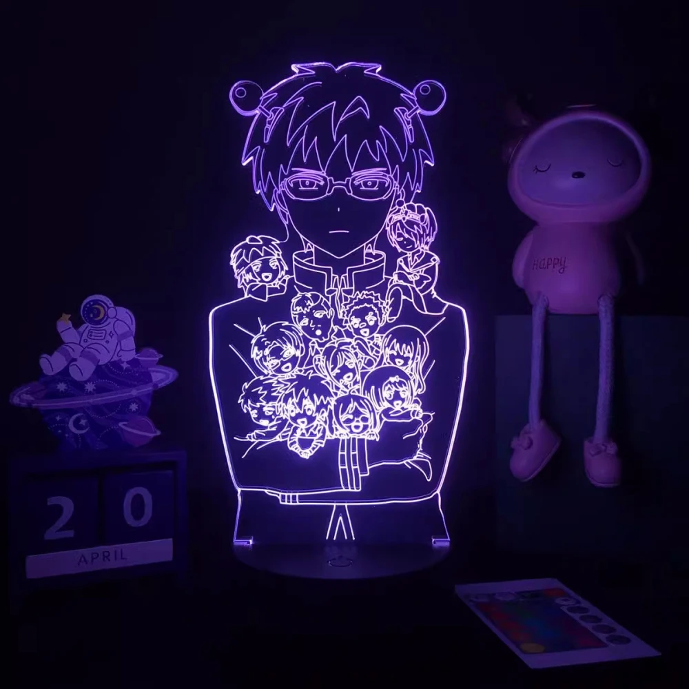 Imagem -03 - Lâmpada de Mesa Acrílica Anime para Crianças Luz Noturna 3d Saiki Kusuo Lâmpada de Cabeceira Usb Decoração do Quarto Presentes Quentes Cores Cores 16 Cores