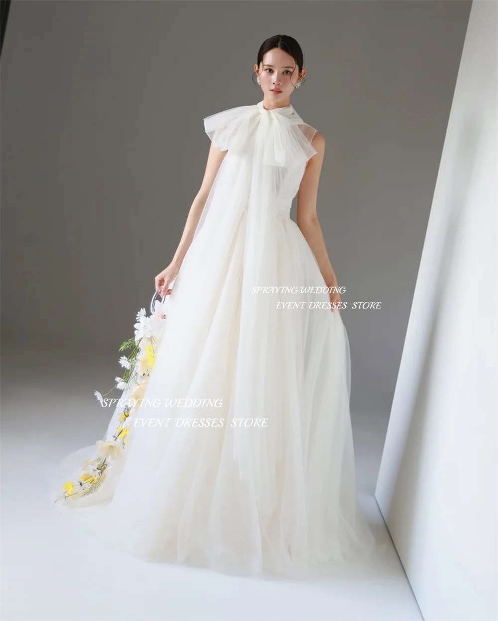 SPRAYING Elfenbeinfarbenes Tüll-A-Linien-langes Hochzeitskleid, Korea, Fotoshooting, O-Ausschnitt, ärmellose Brautkleider, Korsett, maßgeschneidert,  soi