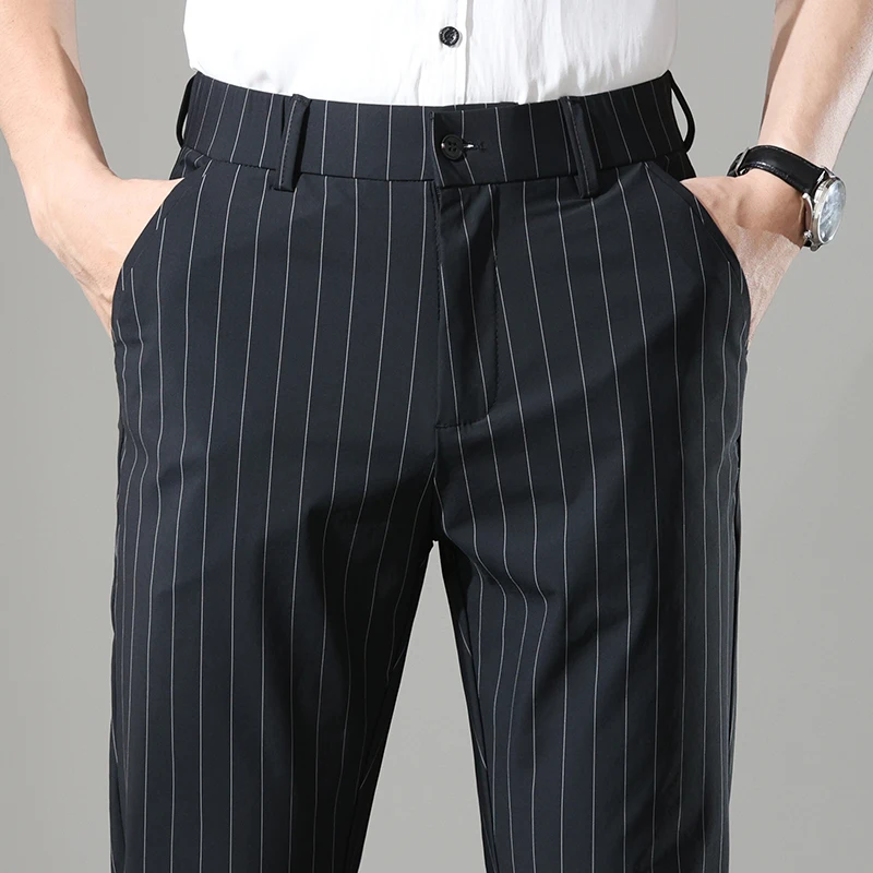 

Bla Casual Striped Men's Ice Silk Straight Leg Summer Busin Pants Smooth Qui Dry Slim Fit Youth Nine Point Trousers