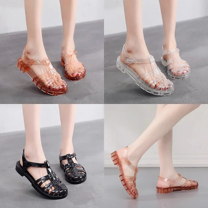 2022 New Women\'s Metal Buckle Jelly Shoes Summer Brazil Rome Sandals Retro Hook Flat Fashion Ladies PVC Sandals SHW119