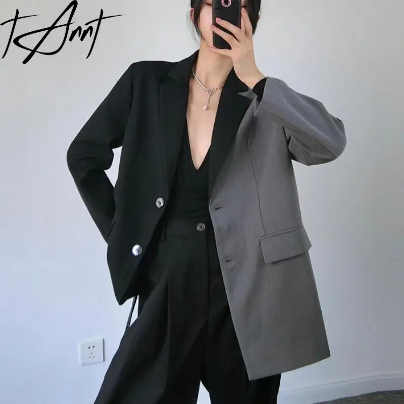 

Tannt Women Blazer Gray Black Color Matching Oversize Winter Jacket Asymmetry Vintage Fashion Long Suit Coats For Women 2024 New