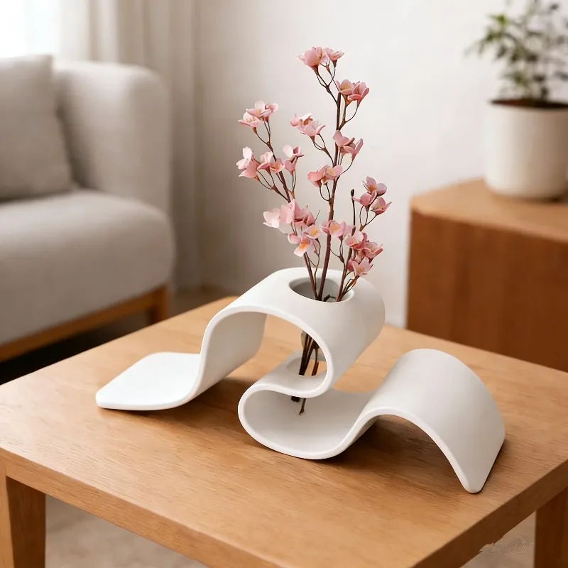 1pc Modern Minimalist Curved 3D Printed Vase Creative Ribbon-Shaped Dried Flower Holder Nordic Style Desktop Decorative Vessel