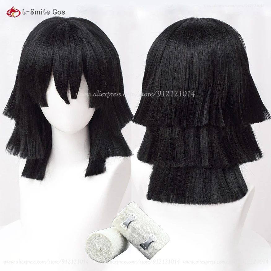 Anime Iguro Obanai Cosplay Wig 40cm Short Black Styled Layered Wigs Heat Resistant Synthetic Hair Halloween Wig + Wig Cap