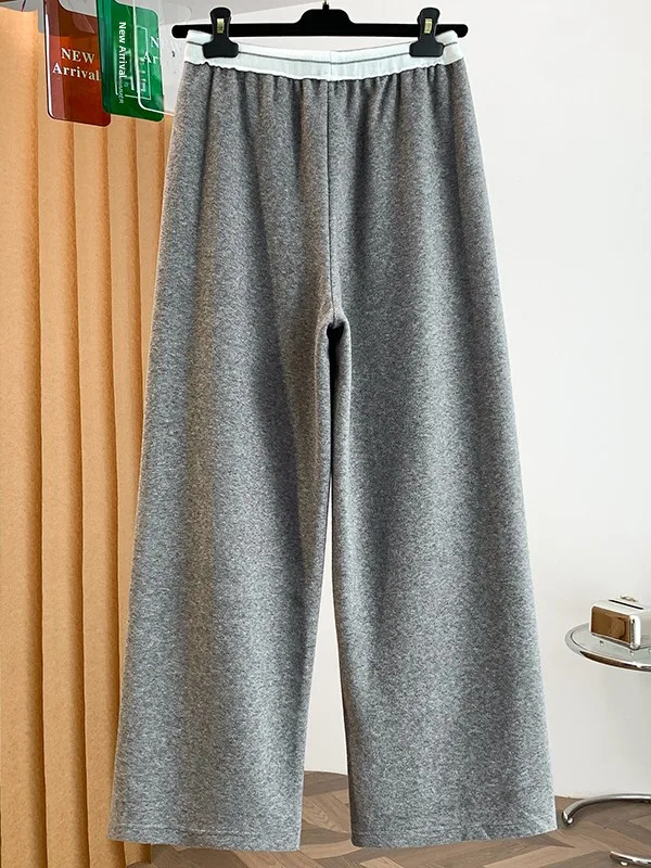 Fashionable Anti-Aging Color Block High Waist Fleece Women's Cotton Sweatpants Loose Comfortable Slimming Straight Casual Lon...