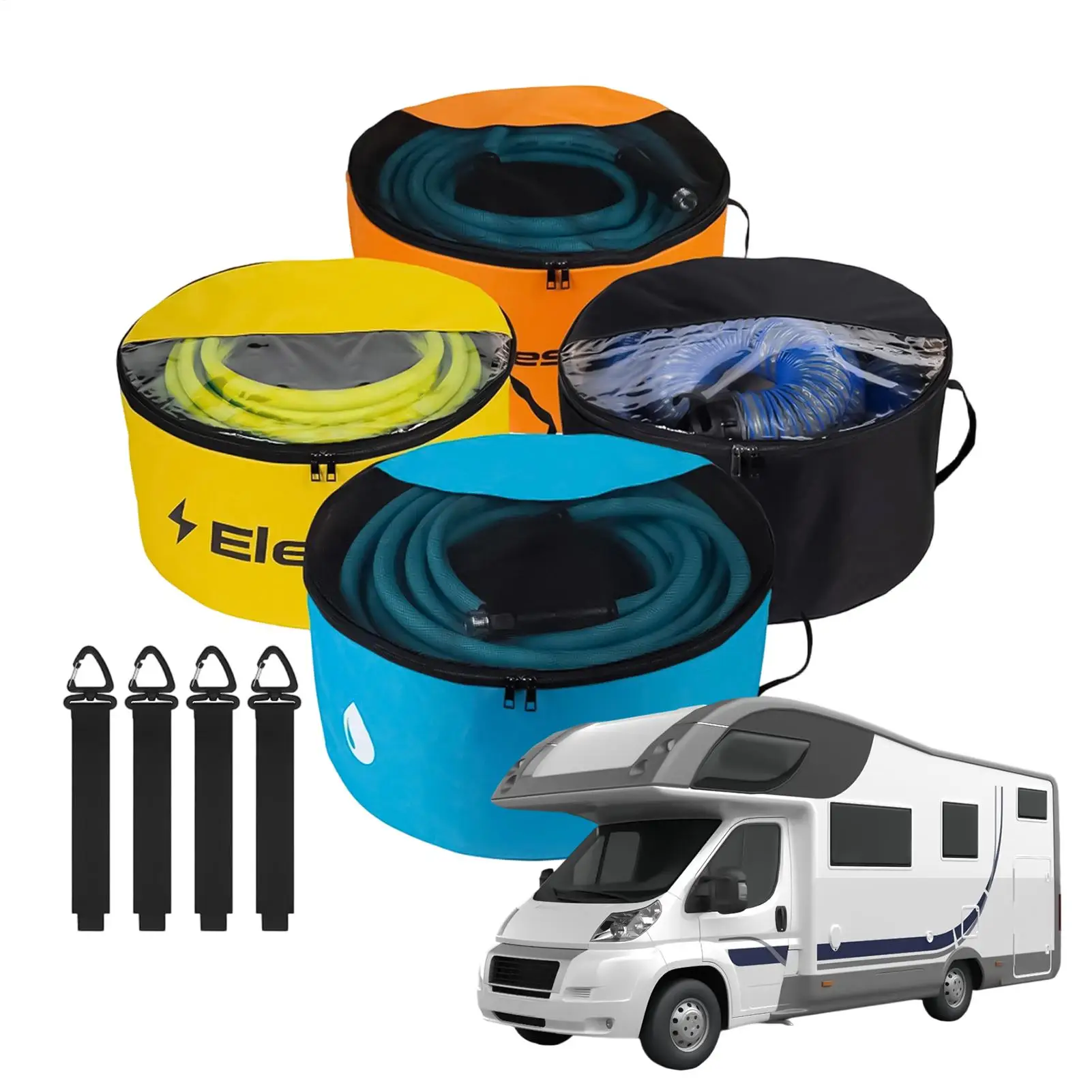 

RV Sewer Hose Storage Bag with Visible Cover 4Pcs/set Oxford Waterproof RV Accessories Utility Storage Bags for Cargo RV