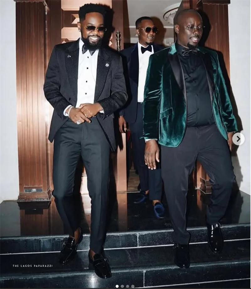 

Green Velvet Men Suit Set 2 Piece Blazer+Black Cotton Pants Trousers Wedding Tuxedos Formal Office Jacket Coat Customized