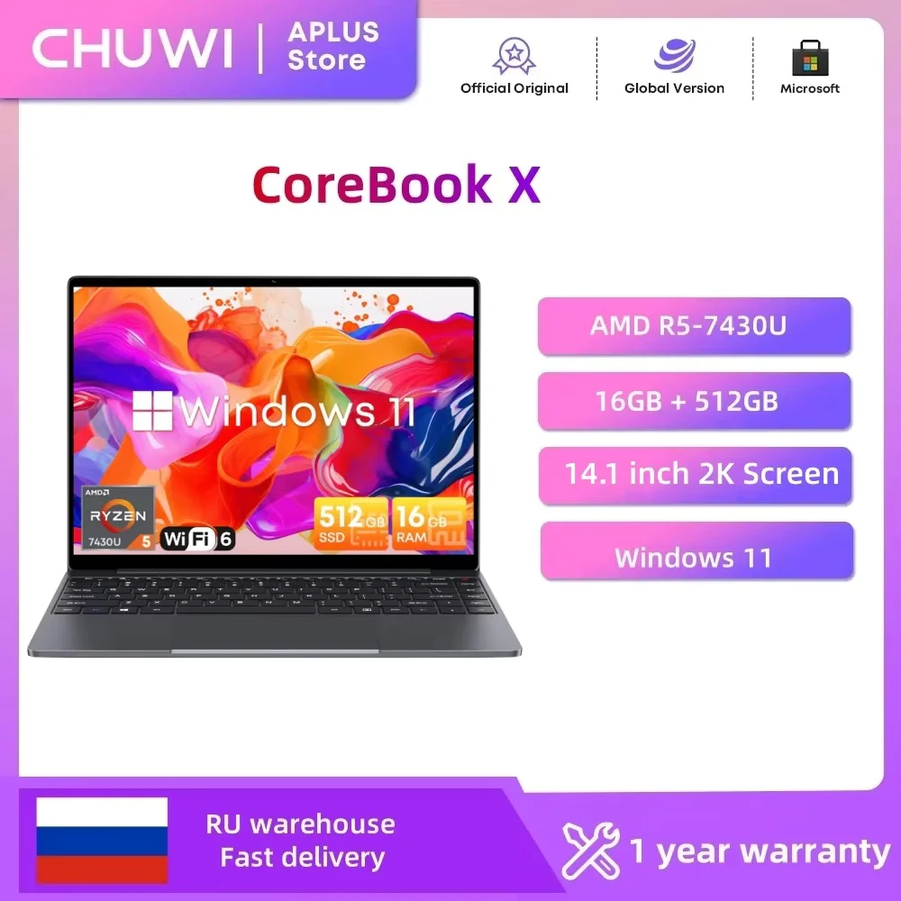 CHUWI CoreBook X كمبيوتر محمول للألعاب 14.1 بوصة 2K IPS شاشة AMD R5-7430U 16GB DDR4 RAM 512GB SSD Windows 11 Wifi6 كمبيوتر محمول #1