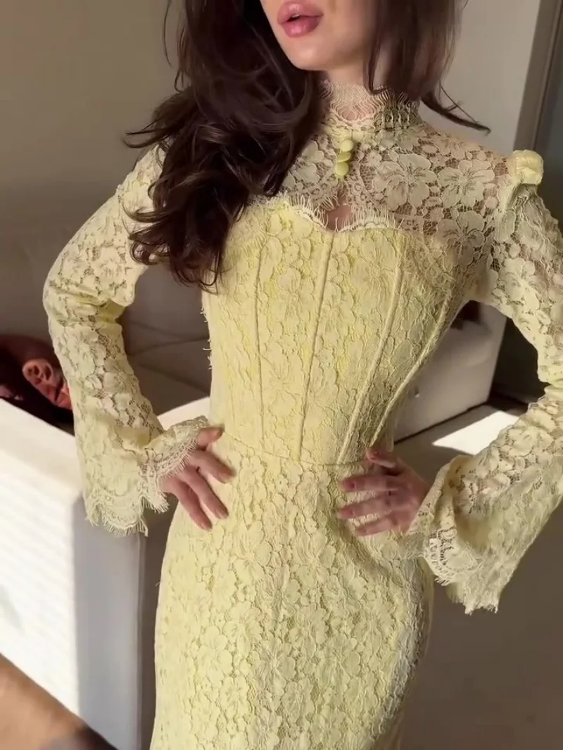 Elegantes Meerjungfrauenkleid mit Stickerei und Spitze, Herbstmode für Damen 2026, Trompetenärmel, schmal geschnitten, Maxi-Langes Kleid, Geburtstags- und Abendkleid